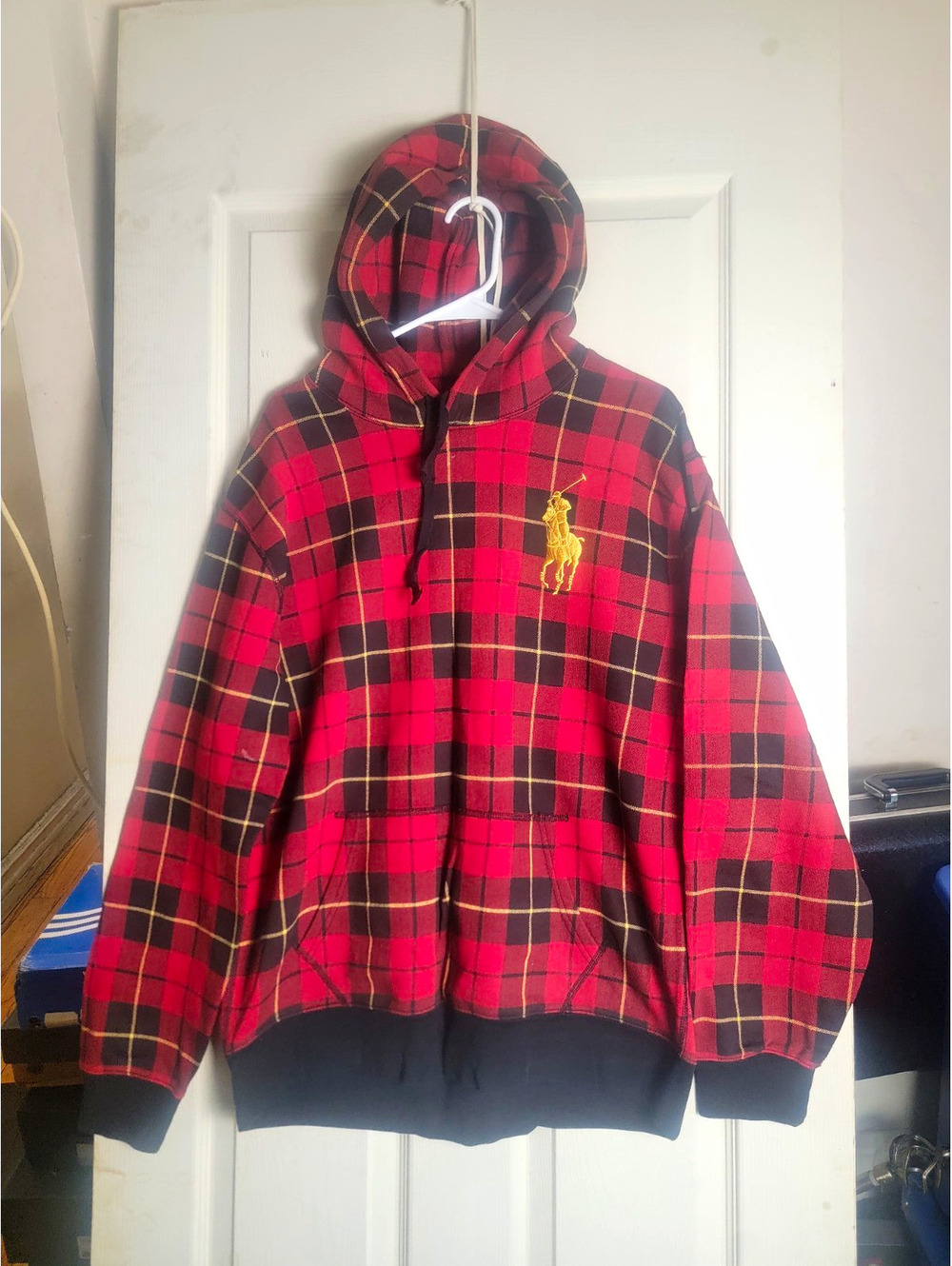 Polo Ralph Lauren Men's Red/Black Plaid Cotton Fleece Polo Pony Hoodie L Pocket